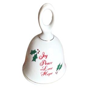 Vintage Enesco Christmas Bell Mistletoe Joy‎ Peace Love Hope, White w/Gold Trim